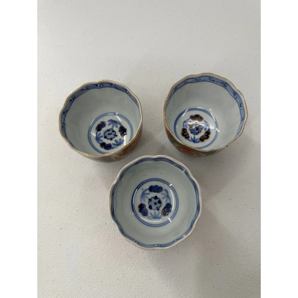 Vintage Japanese Imari Tea Cups Set of 3 Porcelain Crane Floral Scalloped Rim 3